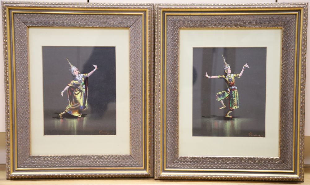 Chana, pair of gouache on black paper, Siamese dancers, signed, 24 x 20cm